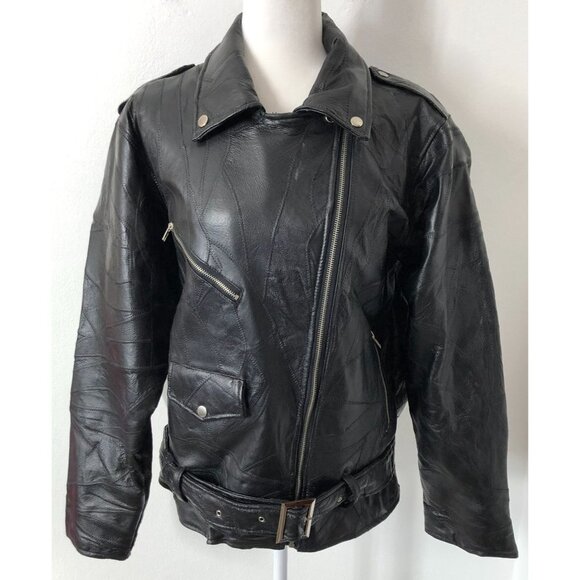 Leather Riding Jacket Mens Large Eagle Patch God Bless America Moto Vintage 80's - Picture 2 of 14